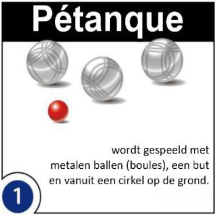 Basis petanque: men speelt met metalen ballen (boules), een cochonnet (ook but genoemd) en vanuit een cirkel op de grond.
